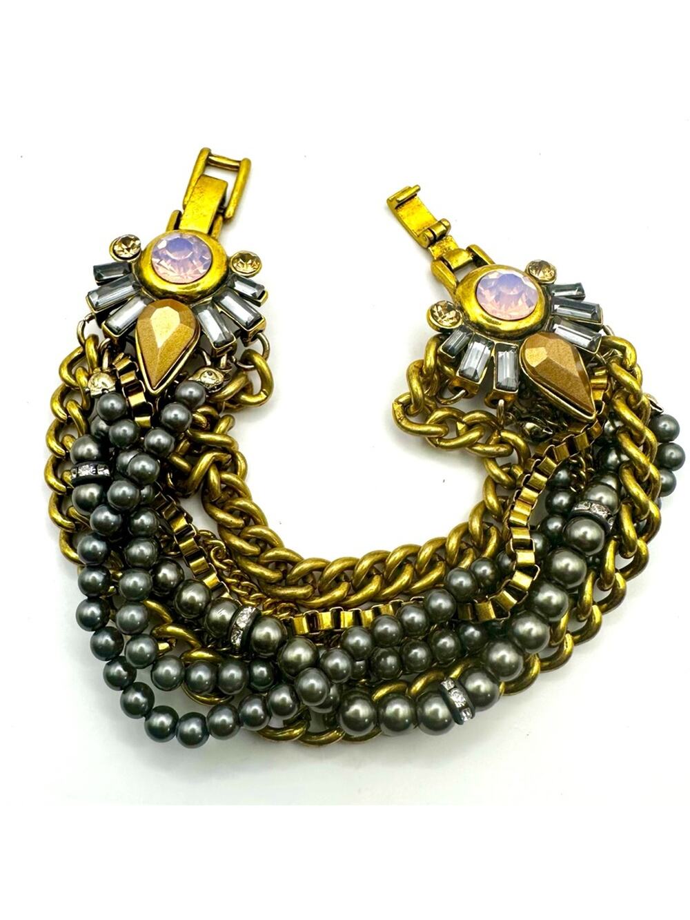 Art Deco Bracelet Chunky Chain  Maximalist Statement Jewelry Pink Mixed Metal